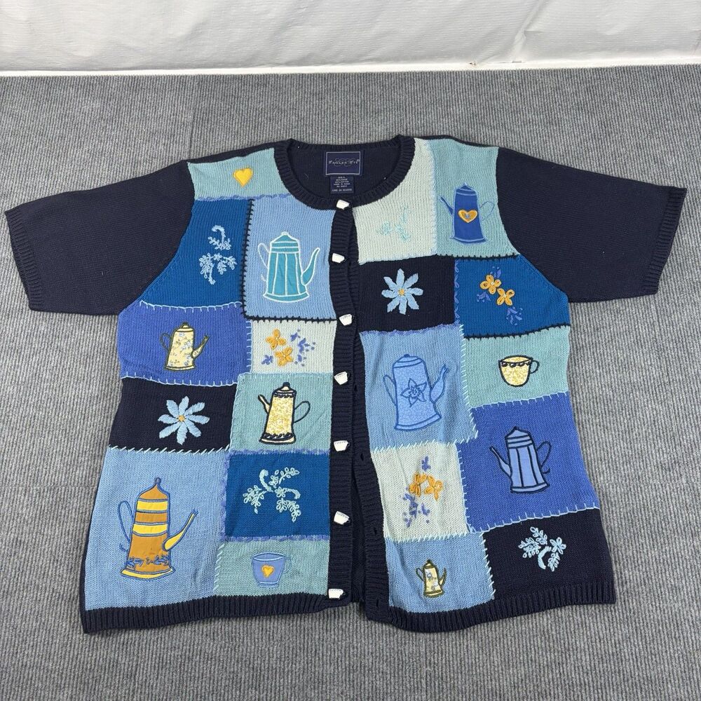 VTG 90s Eagle's Eye Cardigan L Blue Navy Teapot Coffee Pot Patchwork Cottagecore